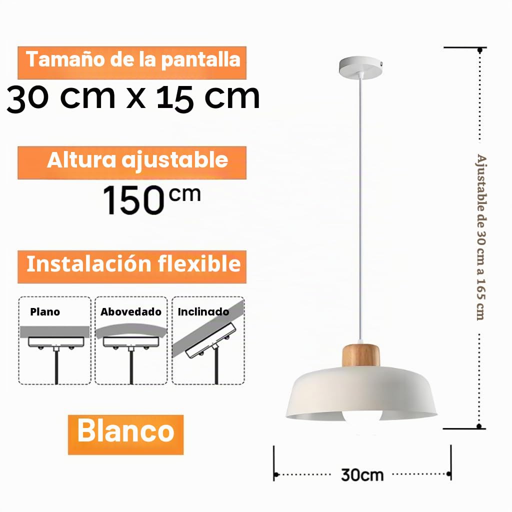 Lámpara Colgante con Redondo Pantalla de Hierro 30cm y Acabado de Madera en Color Macaron​​, ​​Grande Luz Colgante Moderna E27 ​​Para Salón, Cocina y Comedor​ (Blanco)