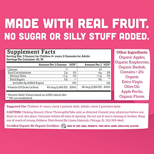 Llama Naturals Whole Fruit Vitamin D3 Gummies (Adults + Kids); No Added Sugar, Organic, Vegan, Plant-Based, Healthy Bones, Immunity, And Mood; 200% Dv Per Bite; 60 Bites (30-60 Days) (Raspberry) #TOP2