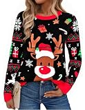 Litherday Pull de Noel Femme Pull Moche de Noel Femme Imprimé Renne Hiver Chaud Manche Longue Pullover Tops Noir S