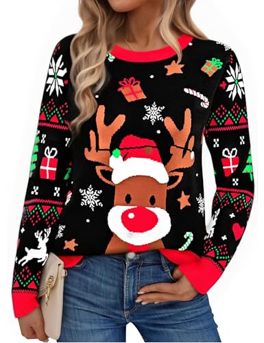 Litherday Pull de Noel Femme Pull Moche de Noel Femme Imprimé Renne Hiver Chaud Manche Longue Pullover Tops Noir S