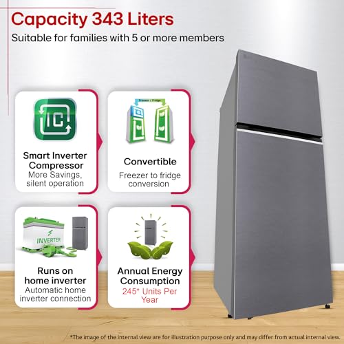 Image of LG 343 L, 2 Star, Convertible, Smart Inverter, Frost Free Double Door Refrigerator (GLT3426SNDS, Dazzle Steel, Express Freeze & Multi Air Flow)