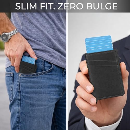 Image of VOGARD Pop-Up Card Holder for Men, RFID Blocking Slim Aluminium Case with Premium PU Leather, Automatic Card Ejector, Front Pocket Design (Black)