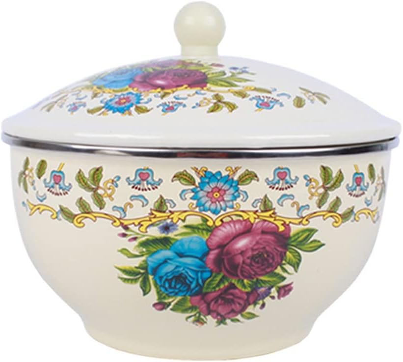 Enamel Bowl with Lid Basin Nostalgic Classic Old-fashioned Soup Flat Bottom