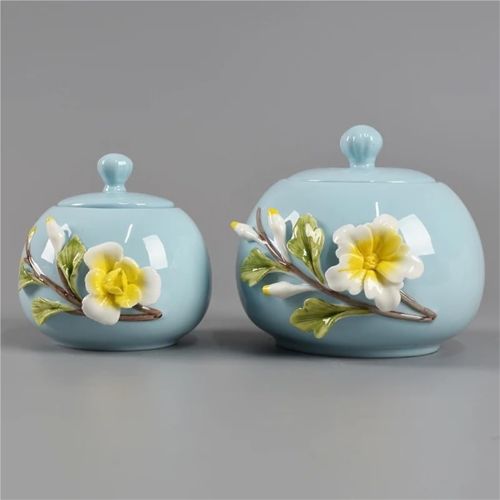 CMBSSTFC Tarro de azúcar, Paquete de 2 tarros de cerámica Pintados a Mano para Almacenamiento de té Floral, Aperitivos, Frutos Secos, Tarro Sellado, Tarro de Almacenamiento de Cocina, Tarro de café,