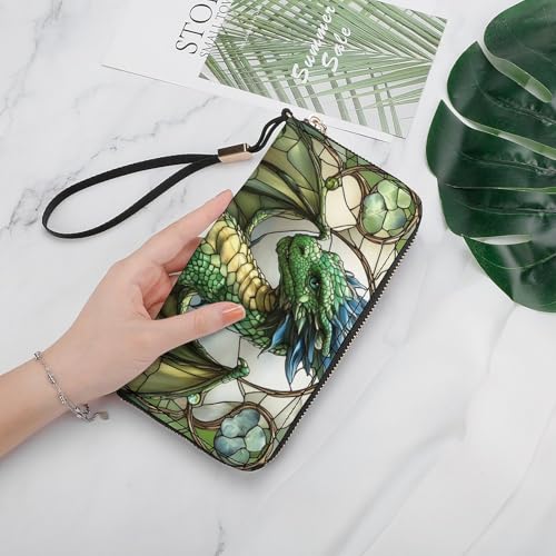 Green Dragon with Four Clovers Stained Glass PU Leather Clutch Long Bifold Wallet, Coin Purse Credit Pass Case, Durable Card-Holder Money Storage for Women Men4