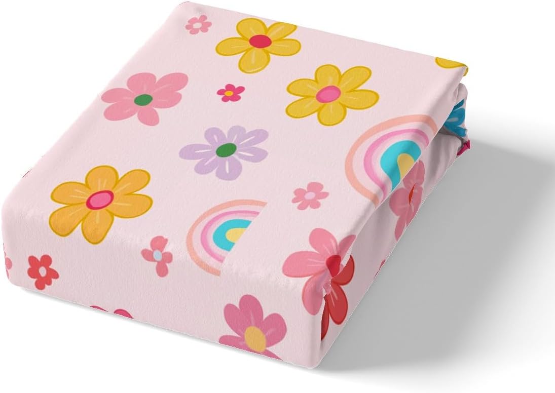 Pink Floral Fitted Sheet Full,Cartoon Daisy Theme Bedding Sets for Kids Boys Girls Teen Adult Room Decor,Colorful Rainbow Red Yellow Flower Bed Sheets Boho Cute Style Deep Pocket Sheet,2 Pillowcases