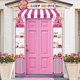 3 Pcs Candy Shop Party Decorations Candy Theme Porch Banner Pink Sweet Candy Door Hanging Banner Donut Lollipop Sign Awning Backdrop for Baby Shower Birthday Party Supplies Photo Prop Indoor Outdoor
