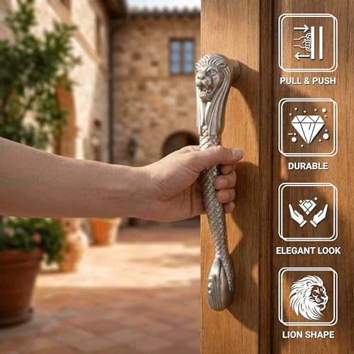 Image of GLOXY Premium Silver 11.5 inch Lion Shaped Main Door Handle with 9.5 inch Hole-to-Hole Spacing - Decorative Push & Pull Aluminium Handle for Wooden & Glass Doors - Ideal for Home, Hotel, Villa & Office