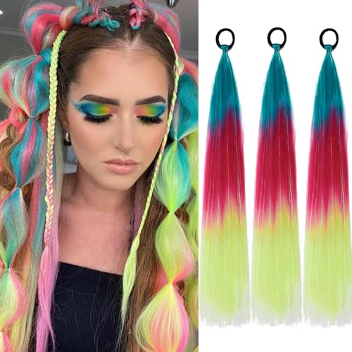 PORSMEER 3 Pack Hair Tinsel Colored Braided Ponytail Extension,colorful Gradient Hair Extensions with Elastic Tie Wrap Around Braiding Sparkling Hair Extension for Braids 24inch(Cyan/Red/Yellow)