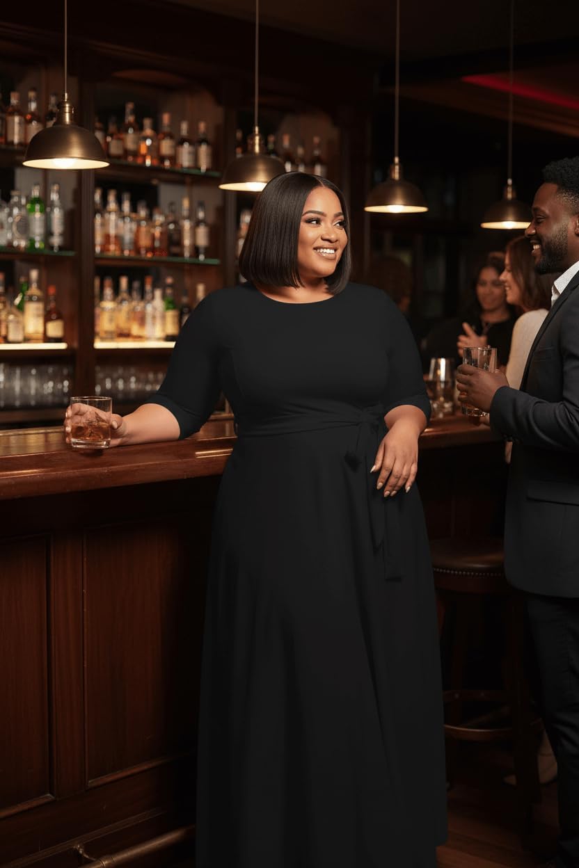 Runwind Casual Plus Size Long Maxi Dress for Curvy Women Crew Neck 3/4 Sleeve Wedding Guest Dresses with Belt & Pockets - Image 3