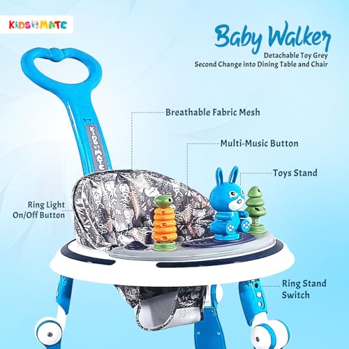 Image of Kidsmate 360 Baby Walker for Boys & Girls | 6-24 Months | 7-Level Height Adjustment | Musical RGB Lights | Dual Tray for Food & Toys | Safe, BPA-Free & Comfortable Baby Walker (Radiant Blue)