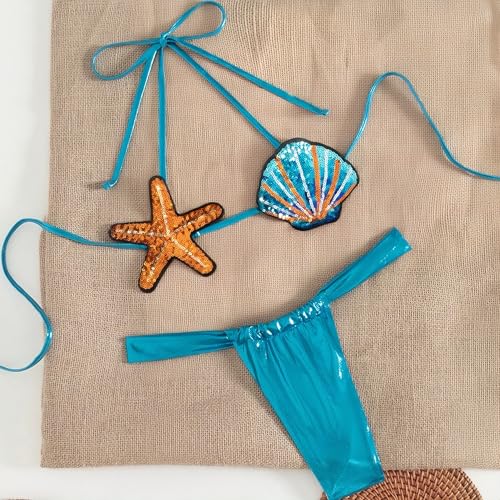 Sexy Shiny Metalliic Swimsuit for Women Two Piece Strappy Bikini Set Shell Shape Extreme Micro Tiny Swimwear with Thong2