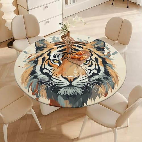 Nappe ronde ajustée élastique tête de tigre imperméable de table - 5