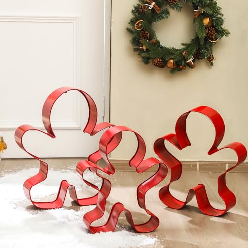 Tandefio 3 Pcs Large Gingerbread Cookie Cutter Wall Sign Christmas Stainless Steel Oversized Red Gingerbread Men Cookie Cutter Figurines for Holiday Party Outdoor Indoor Home Kitchen Decorations Gifts