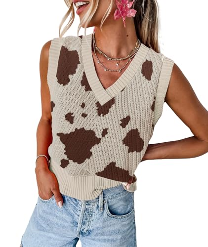 Image of MARZXIN Women Sleeveless Sweater V Neck Casual 2026 Fall Knitted Chevron V Neck Sweater Vest Color Block Pullover Sweater Top