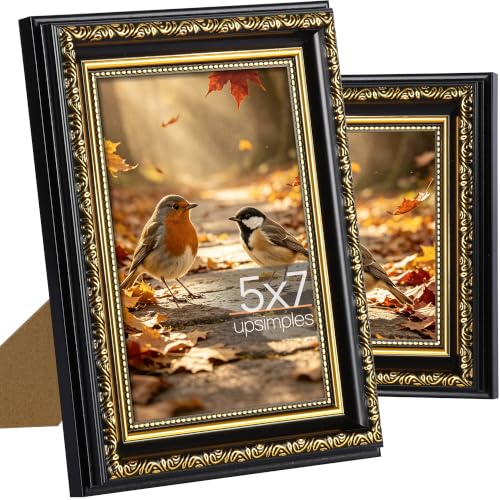 Image of upsimples Vintage 5x7 Picture Frame, Antique Black and Gold Frames, 2 Pack | Gold Picture Frames, Fits 5 x 7 Photos, Elegant Vintage Design, Wall or Tabletop Decor, for Wedding or Family Memorie