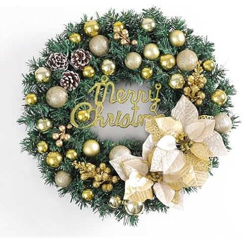 Doorstep Christmas Wreath, Gold Christmas Ball Christmas Wreath, 24 Inch Doorstep Winter Wreath Green Pine Bough Christmas Wreath Reusable Holiday Large Christmas Wreath Cover