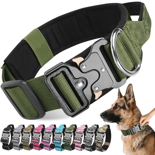 Viugex Collare per cani tattico, collari per cani militari larghi con fibbia in metallo e manico di controllo, regolabile in nylon, comodo collare per cani di piccola taglia media grande (verde