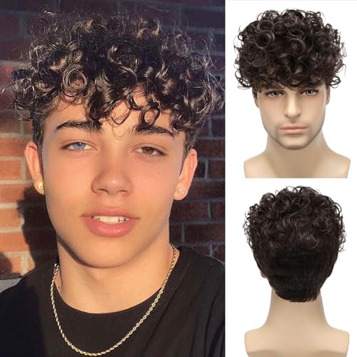 Daiaces Mens Curly Wigs Dack Brown Short Wig Synthetic Heat Resistant Costume Wig Mens Daily Cosplay Party Halloween