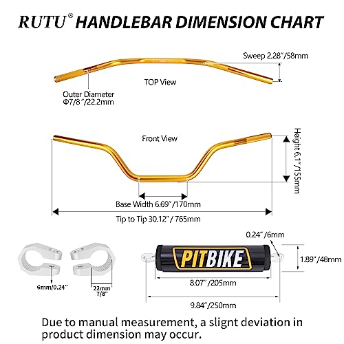 Image of Handlebars 7 /8 Inch for Motorcycle,RUTU Upgraded Universal Dirt Bike Handle Bar with Crossbar Pad Mid-Rise Mini Bike Pit Bike Handlebar for Motocross ATV Quad - Golden