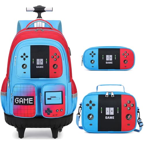 Rolling Backpack for Boys, 3 PCS Gamer Boy Backpack Set with Lunch Box & Pencil Pouch, Roller Wheels School bag for Boys Kids Teens, Elementary Middle School, Kids Bookbag Casual Daypack