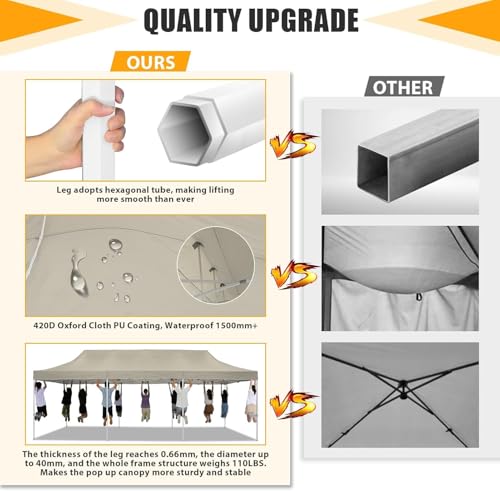 Image of HOTEEL Tents for Parties 10x30 Pop Up Canopy Tent Heavy Duty with 8 Sidewalls, Commercial Party Tent Event Wedding Instant Canopy Waterproof with Carry Bag, UV 50+, Thicked Hexagonal Legs, Khaki