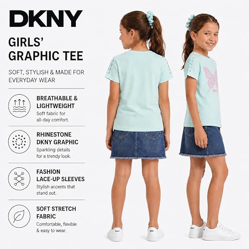Image of DKNY Girls Shirts - Lightweight Cotton Blend Short Sleeve Crewneck Graphic Tee Cute Tops - Casual Trendy Girls Summer Clothes