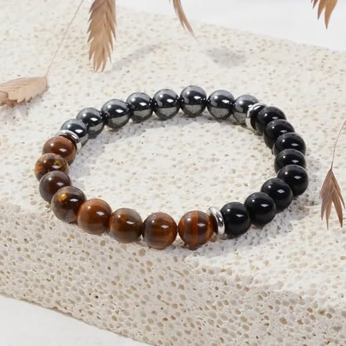 Energy Mens Beaded Bracelets,Triple Protection Bracelet for Men,Made of Three Kinds of 8mm Beads (Black Obsidian Hematite Tiger Eye Beaded), Personalized Gifts for Men4