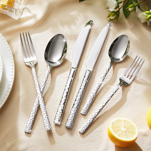 Image of KINGSTONE 24 Piece Silverware Set with Steak Knives, Hammered Silverware Set for 4, 18 /10 Stainless Steel Flatware, Cutlery Set for Home, Party, Wedding, Mirror Polished Dishwasher Safe
