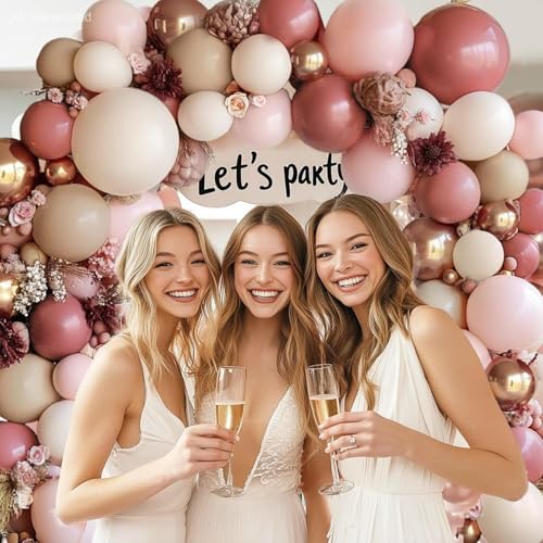 Image of Blocesa Pink Brown Gold Balloons Arch Kit, Double Stuffed Pastel Balloons Garland Rose Pink Blush Brown White Sand Cream Metallic Gold Balloons for Weddings Girl Birthdays Boho Elegant Party Decor