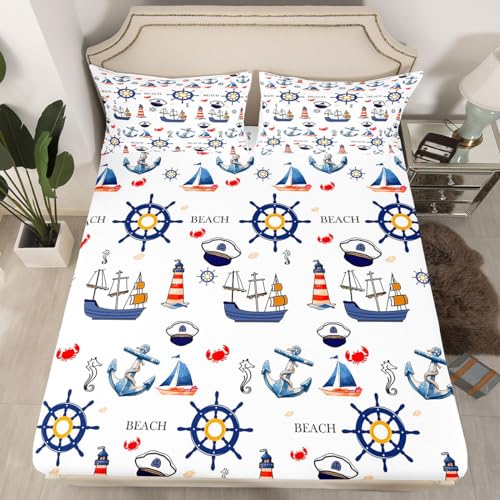 Nautical Ocean Adventure Kids Fitted Sheet Full Size,Sailing Boat Anchor Rudder Bedding Set,Boys Men Room Decor,Seahorse Crab Marine Life Bed Cover,Summer Beach Bed Sheet,2 Pillowcases(No Top Sheet)