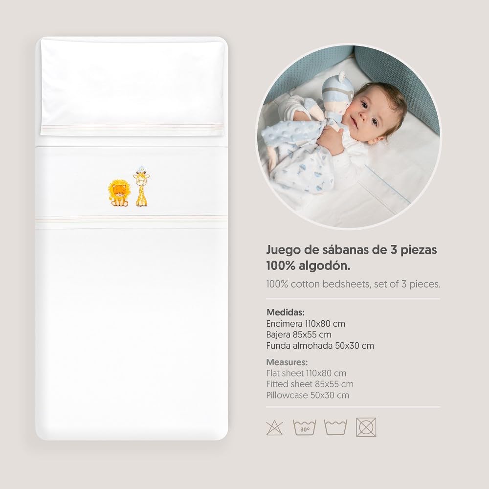 Interbaby - Parure de lit pour Berceau 50 x 80 cm, 100% Coton, avec Drap-Housse, Drap Plat et taie d'oreiller, idéale pour Printemps, été, Lion Girafe Oiseau Blanc