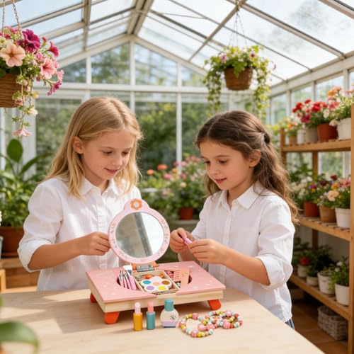Tocador de madera para niños con espejo y accesorios cosméticos infantiles 4