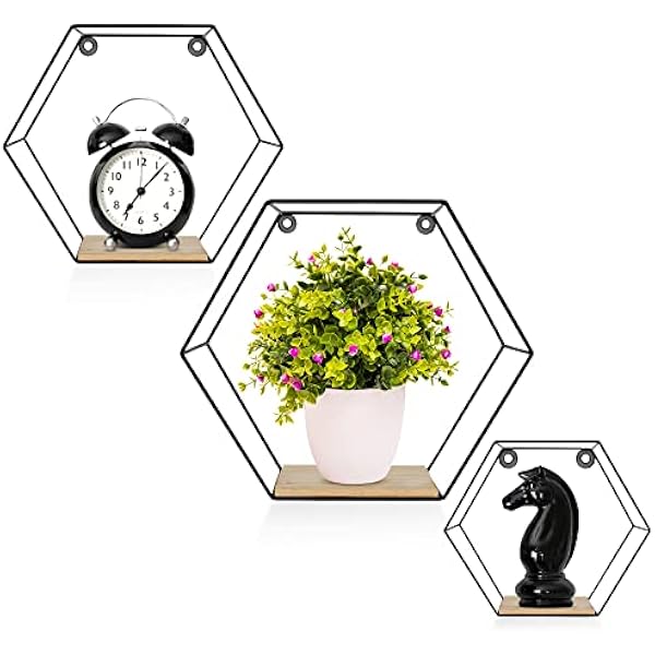 3-секционный набор настенных полок Hexagon черные металлические навесные полки с деревянной полкой современная шестиугольная полка для гостиной спальни кухни и офиса устойчивые стальные полки с винтами и
