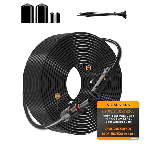 Solar Extension Cable 10AWG 6mm² 328FT PV Panels Wire 10Gauge SJZSUNRUN Adaptor Cables with Female & Male Waterproof Connectors for Outdoors, Marine, Photovoltaic 328Ft (100m) Black