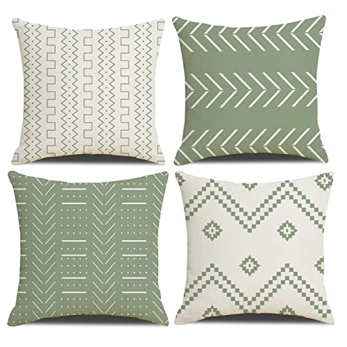 Cushion Covers 45 x 45 cm Farmhouse Cushioncase cover, Set of 4 Light Green Textured Patchwork Square PillowCase for Sofa Couch Case Office, Home, Bedroom, Drawing Room, Living Room, Family Room,