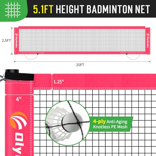 Image of 20ft Portable Outdoor Badminton Net Set for Driveway Backyard, Beach, Park with Durable Anti-Sag PE Net, Heavy Duty Steel Poles, 4 Badminton Rackets, 3 Shuttlecocks and 600D Carry Bag