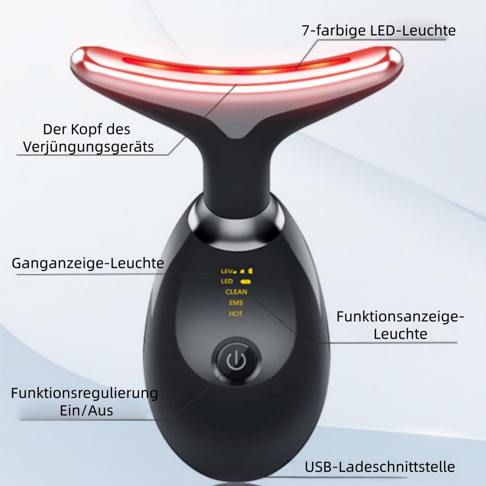 mybley GlowFace Elektrisches Gesichtsmassagegerät,7 Farben LED Licht, 3 Modus, Erwärmung EMS für Gesicht & Hals, für Falten und Hautstraffung