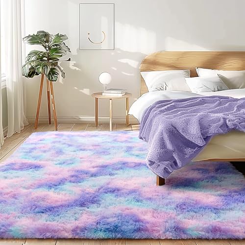 5x7 Fluffy Rug - Non Slip Rainbow Tie-dye Shaggy Rug for Living Room - Cute Floor Rug for Girls Room - Multi Blue