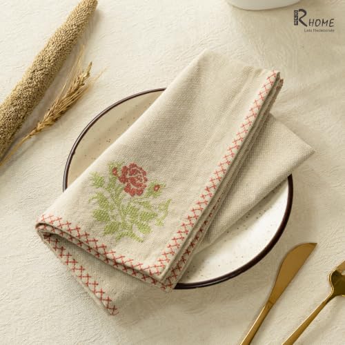 Image of R home Country Rose Premium Chambray Cotton Napkins Set of 6, 18x18 Inch, Cross Stitch Embroidered, Machine Washable & Reusable, Soft Fabric Napkins for Dining Table, Cocktails & Table Decor