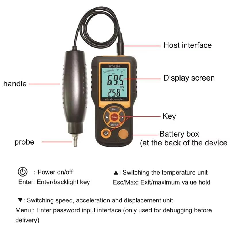 Analizador de vibraciones portátil HT-1201 con pantalla LCD, medidor vibración digital 0,1 a 199,9 m/s