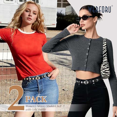 WERFORU 2 Pack Women Skinny Studded Belt Fashion Leather Waistbelts for Women Black Studded Belt for Jeans Pants 0.71" Width3