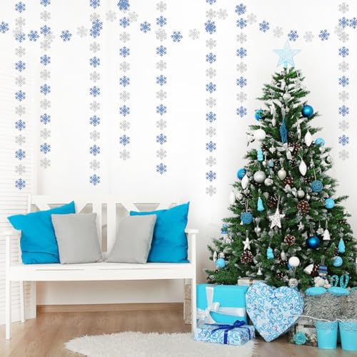 Image of Snowflake-Snow Blue-Silver Christmas Party-Decoration Garland - 52ft Winter Wonderland Frozen Ornaments Hanging Paper Streamers,New Years Birthday Baby Shower Ceiling Decor Hugfond