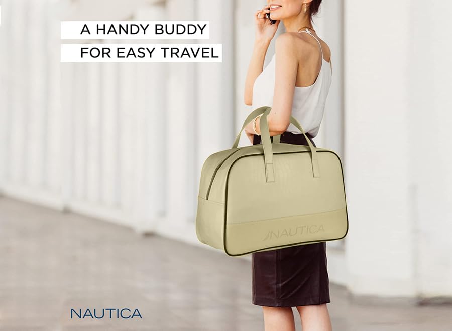 Image of Nautica Unisex 25L PU Duffle Bag for Travel | Stylish Leatherette Cabin Luggage with Smooth Zippers | Compact, Comfortable & Spacious for Weekend Trips, Gym & Everyday Use | Beige