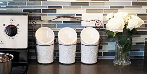 iEnjoyware Kitchen Tool Crock (4 Pieces) - 3 Ceramic Utensil Holders (4" Dia x 7" H each) & 1 Metal Caddy - White & Embossed Design
