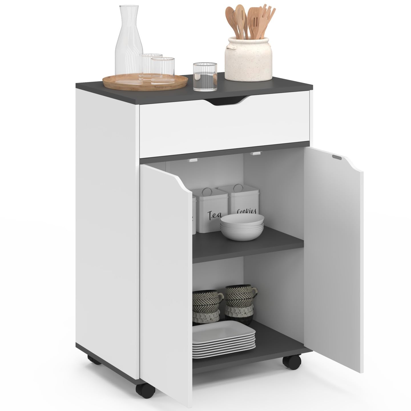 IDMarket - Desserte de cuisine COSY placard avec tiroir bois blanc et plateaux gris L.60 CM