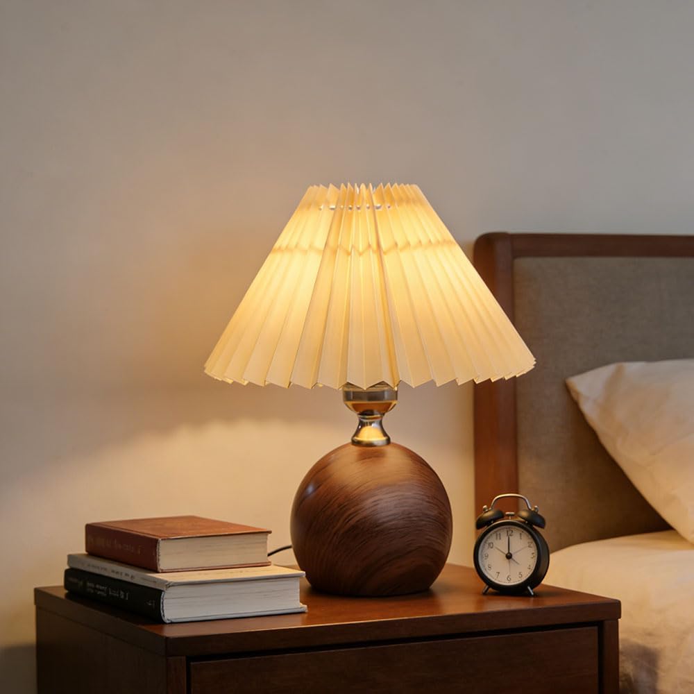 9.4" Wx11.4 H 3Color Temperature Adjustable Modern Table Lamp | Small Lampshade with Warm Light | Mini Lamp for Coffee Table, Bedside & Kitchen | Cute Pleated Fabric Shade, Walnut Brown Bulb Included