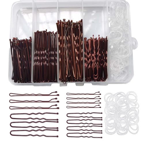 300pcs Bobby Pins Kit Brown 100 Hair Pins for Women 100 U Shaped Hair Pins for Buns 100 Hair Bands with Box hair bun pins strong hair grips for women 2inch 2.36inch 2.75inch
