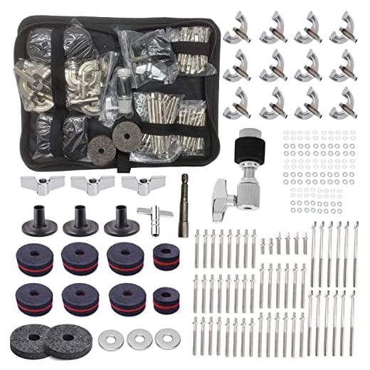Jiayouy Drum Set Parts Hardware Pack 12pcs Bass Drum Claws & 54pcs Tension Rods(15mm-90mm) Cymbal Felts Hi-Hat Clutch Washer Sleeves and Base Wing Nuts Cymbal Replacement Accessories