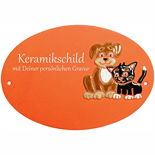 Handarbeit aus Schleswig-Holstein Keramikschild 20,5 x 14,0 cm Motiv Hund und Katze (Terracotta)